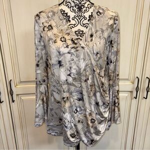 Roz & Ali Size 2X Grey and Silver Bell Sleeve Side Ruched Wrap Dress-Up Blouse